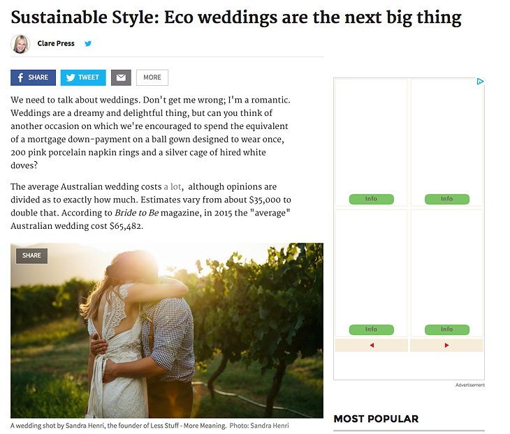 Eco weddings in Sydney Morning Herald by Clare Press