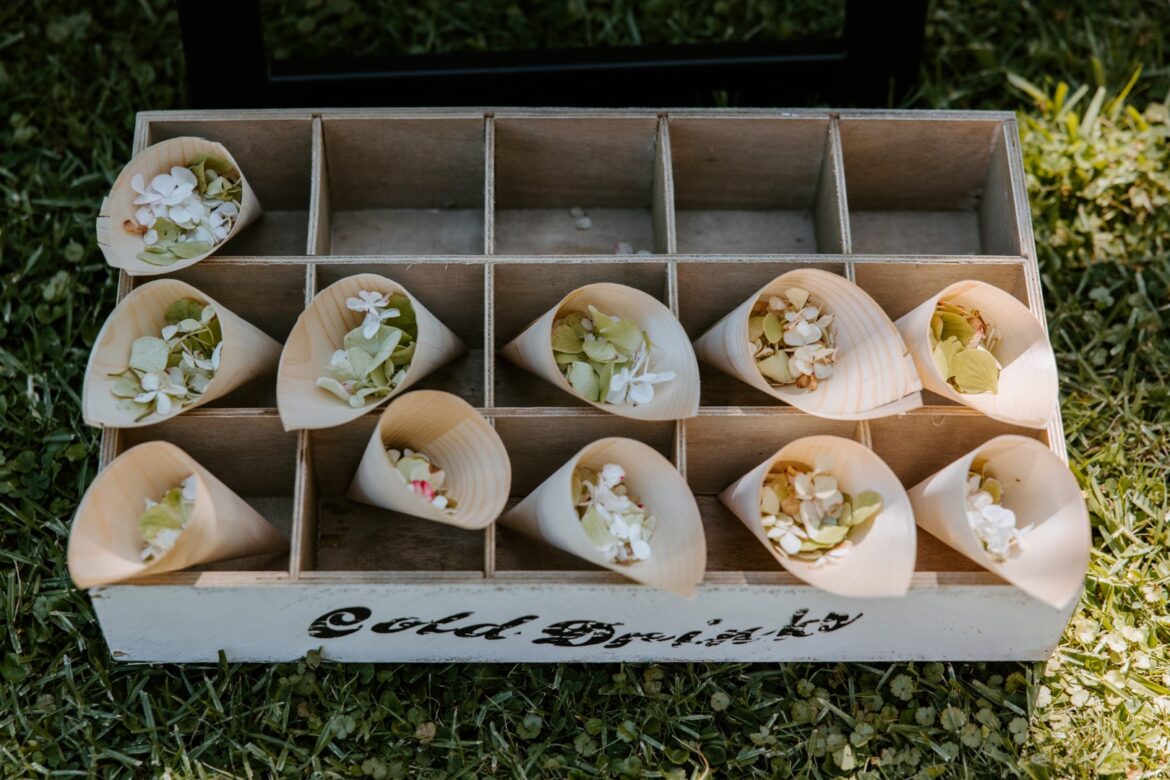Natural flower petal confetti in bamboo cups in a box